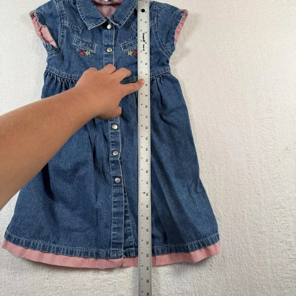 OshKosh Vintage Dress Girls 6‎ Blue Denim Floral Embroidered Button Front